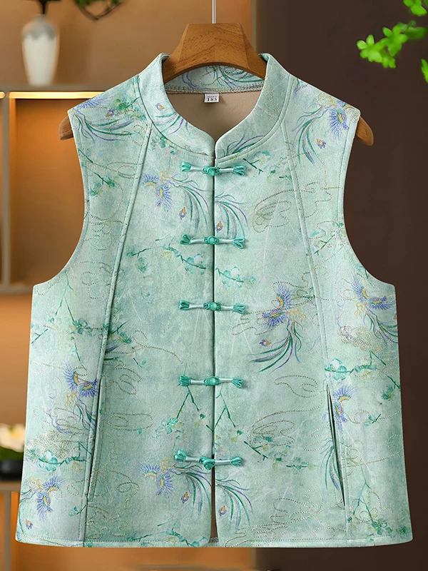 New Chinese Style Printed Vest Women's Stand Collar Button up National Fashion Backless Youthful Shoulder Pad Middle Age Momm...
