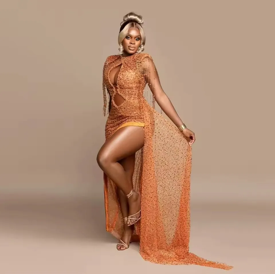

Sexy Sparkle Sequined Prom Dresses Beading Tassel Overlay Orange Prom Gowns Sleeveless Long Aso Ebi Prom Dress Split Straight
