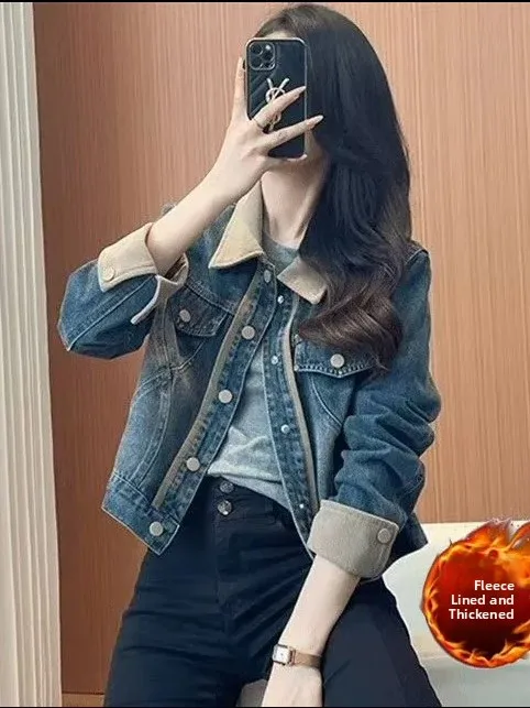 

Faionable Thiened Fce Lined ort Denim Jaet Women's Autumn Winter Slimming Versatile oulder Length Jaet Top