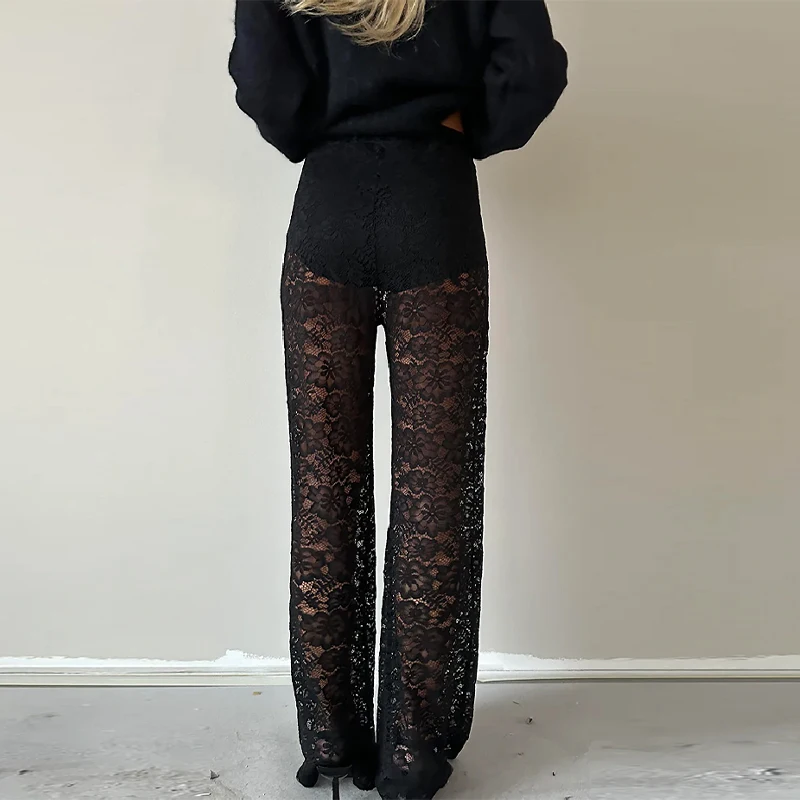 Vrouwen sexy pure zwarte kanten broek chique veelzijdige wijde pijpen lange broek nieuwe mode uitlopende broek 2026 trendy Y2k hoge streetwear