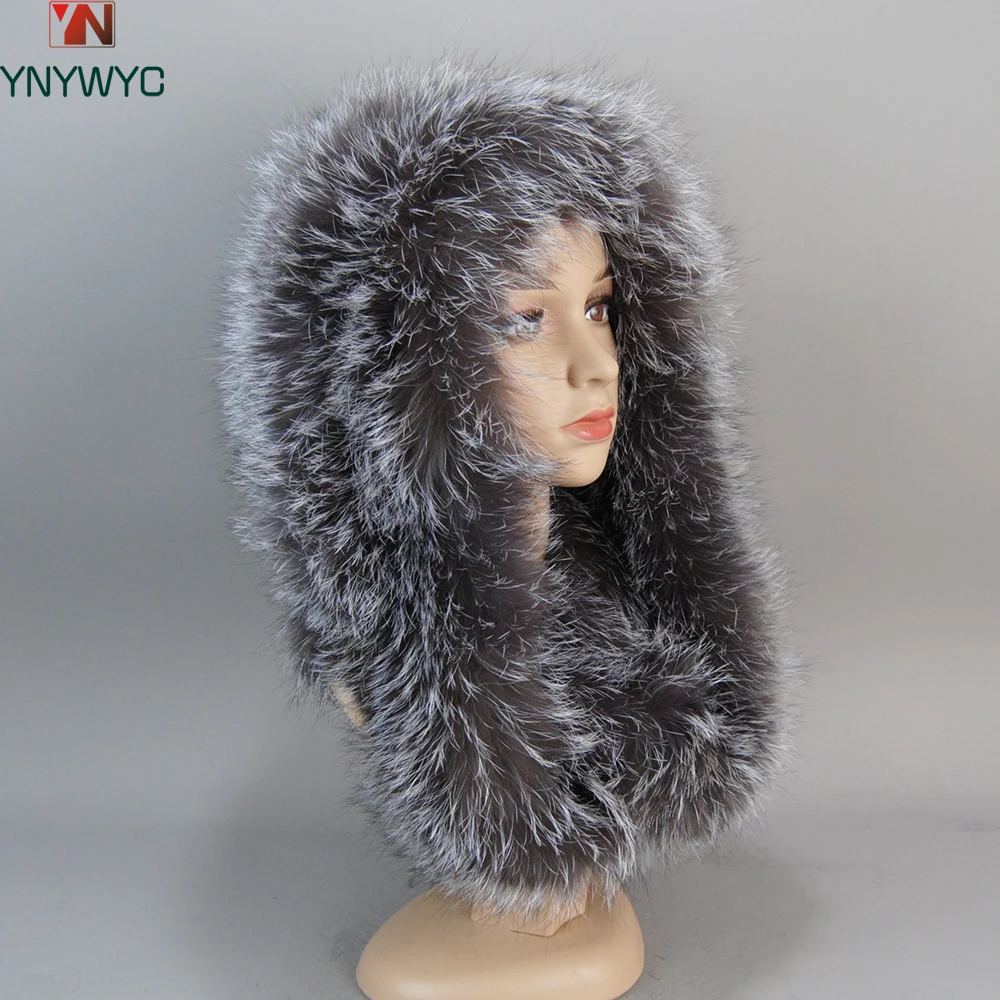 

Fashionable Genuine Large Female Fur Hat Hot Sale Fox Fur Hood Volume Hats For Women Winter Warm Novelty Knitted Fur Scarf Hat