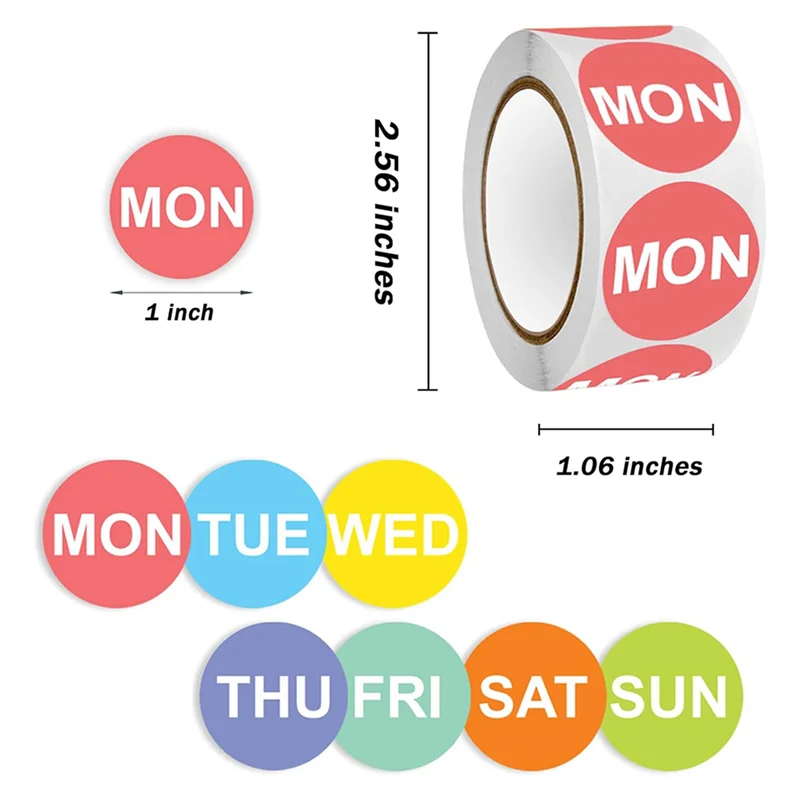AM-7 Day Of The Week Sticker,1 Inch Round Day Dot Food Rotation Labels-3500 Pcs Date Stickers For Food Containers(14 Rolls)