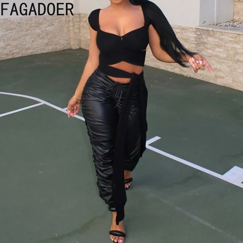 FAGADOER Black Punk Gothic Leather Pants Women Drawstring Ruched Stacked High Waist Pants Hot Girl Y2k Streetwear Bottoms New