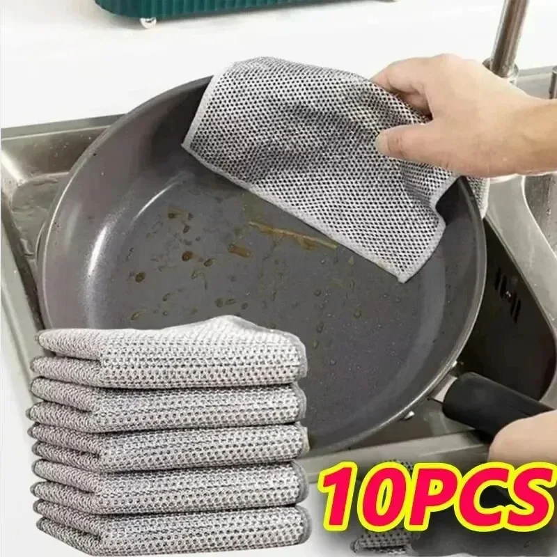 5/10pcs Magic Dishcloth Silver Wire Cleaning Kitchen Cloth Thickened Microfiber Wash Towel Built-in Sponge Steel Wire Ball Rag