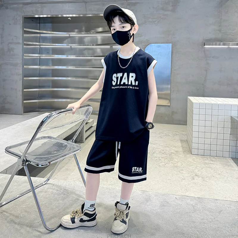 Casual Boy ฤดูร้อนเสื้อผ้าชุดผ้าฝ้ายชุดเด็กแขนสั้นกางเกงขาสั้น 2PCS เด็กวัยรุ่นหรูหราเสื้อผ้าชุดวอร์ม