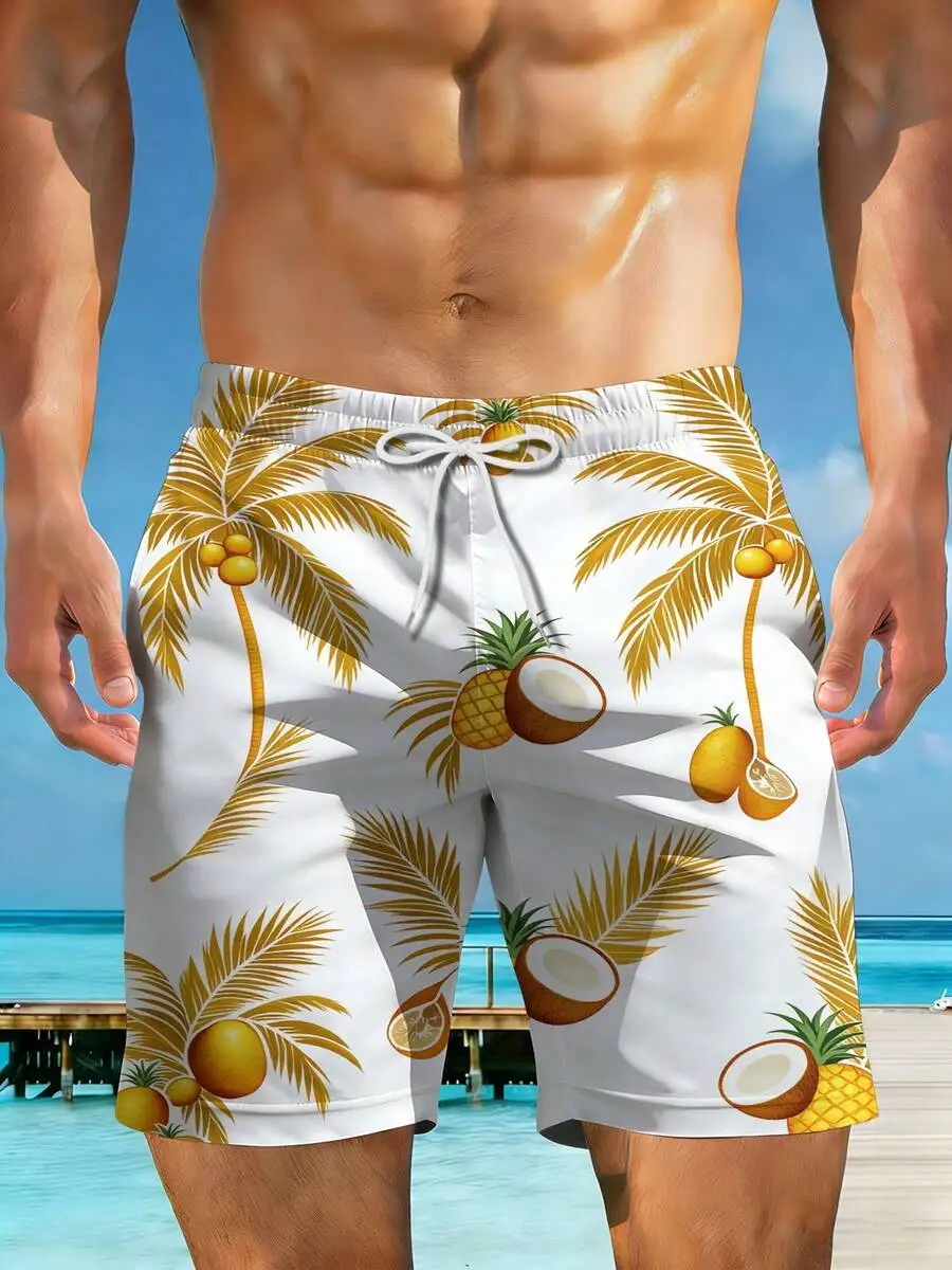 

Mens Beach Shorts With 3D Palm Tree Coconut Pineapple Print Casual Vacation Swim Trunks