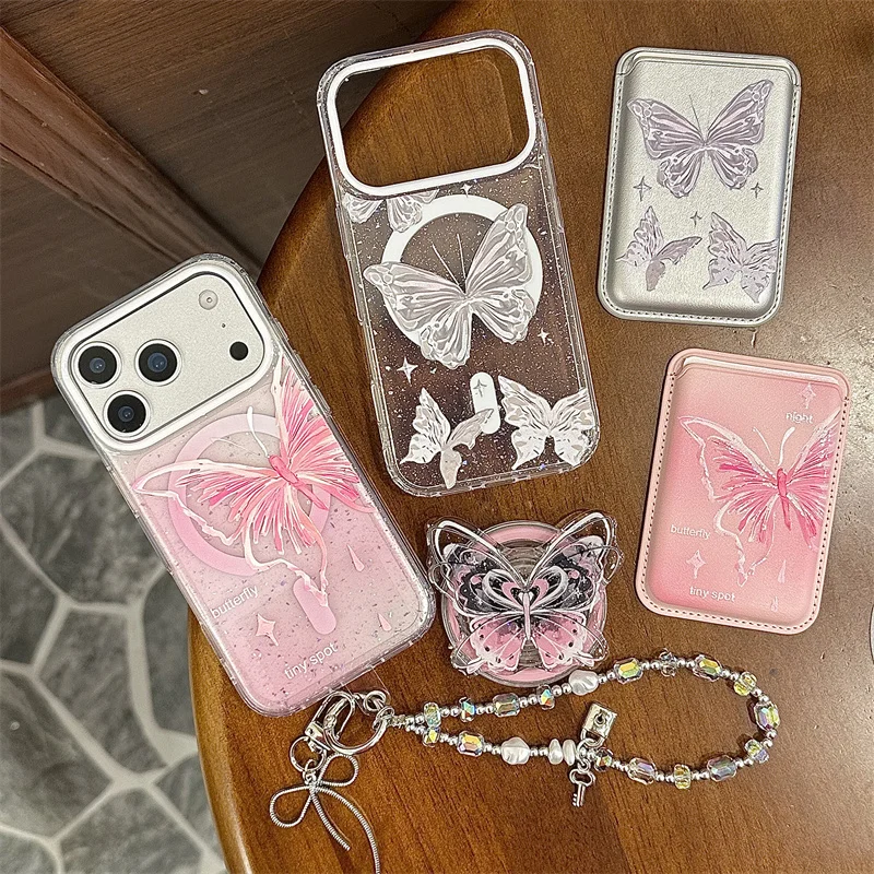 Korean Cute Butterfly Magnetic Stand Phone Case For iPhone 17 16 15 14 Pro Max For Magsafe Card Holder & Chain Shockproof Cover