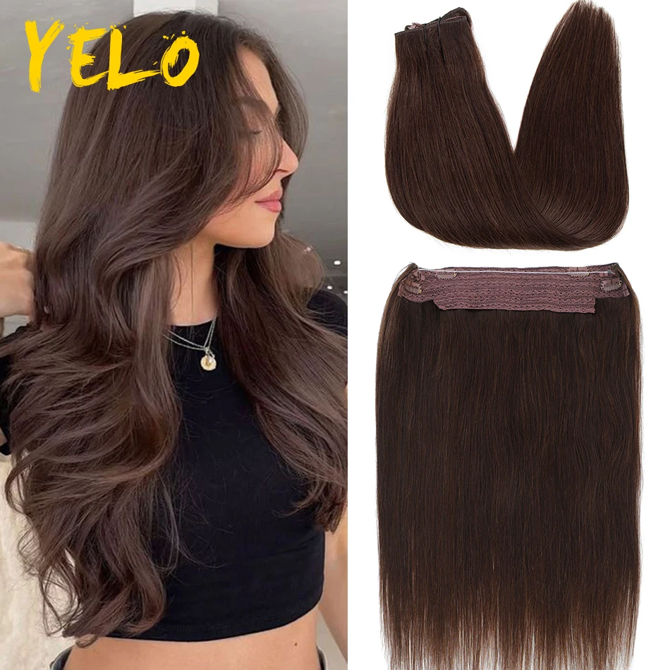 Yelo 14-28 Lengh Invisible Clip In Hair Extension Human Hair Fish Wire Line 4 Clips Real Natural Hairpieces Fine Hair Add Volume