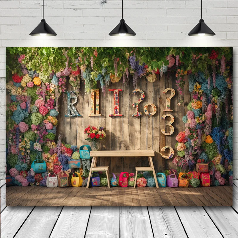 Flower Wall Photography Backdrop Retro Desk Books Students Back to School Graduation Banner Photozone Background Photo Studio