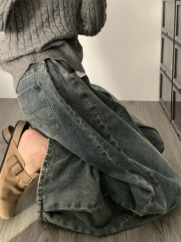 

High Waist Wide Leg American Retro Denim Pants Women's Lazy Style Loose Slimming Floor-Length Knife Pants plus Size