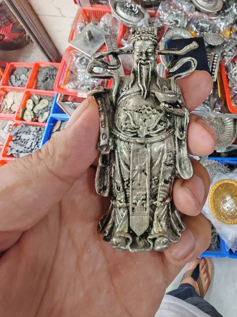 Vintage God of Wealth Decorative Figurine Resin Standing Statue Silver Tone Craft Ornament for Home Desktop Shelf Decor Gift