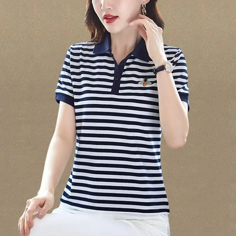 

Korean Women Short Sleeve Stripe Polo Shirts Summer New Fashion Pattern Casual T-Shirt All-match Lapel Pullover Big Size Tops