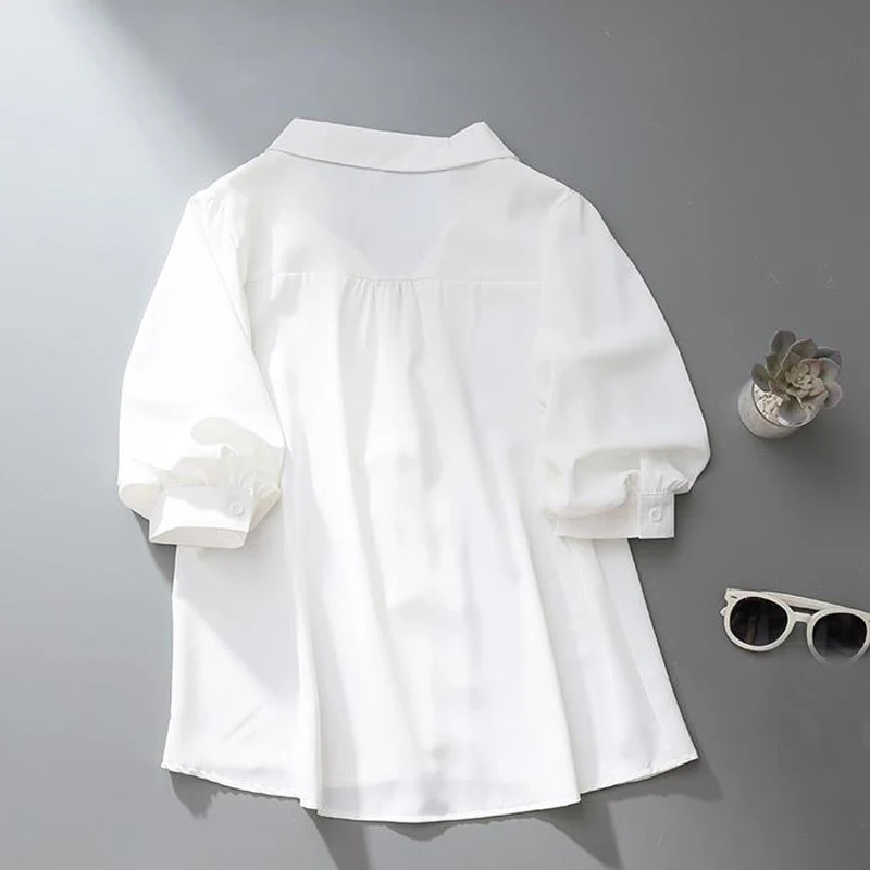 Women Summer Korean Fashion Simple Chic Button Shirts Office Lady Elegant Business Casual Blouses White V Neck Half Sleeve Tops