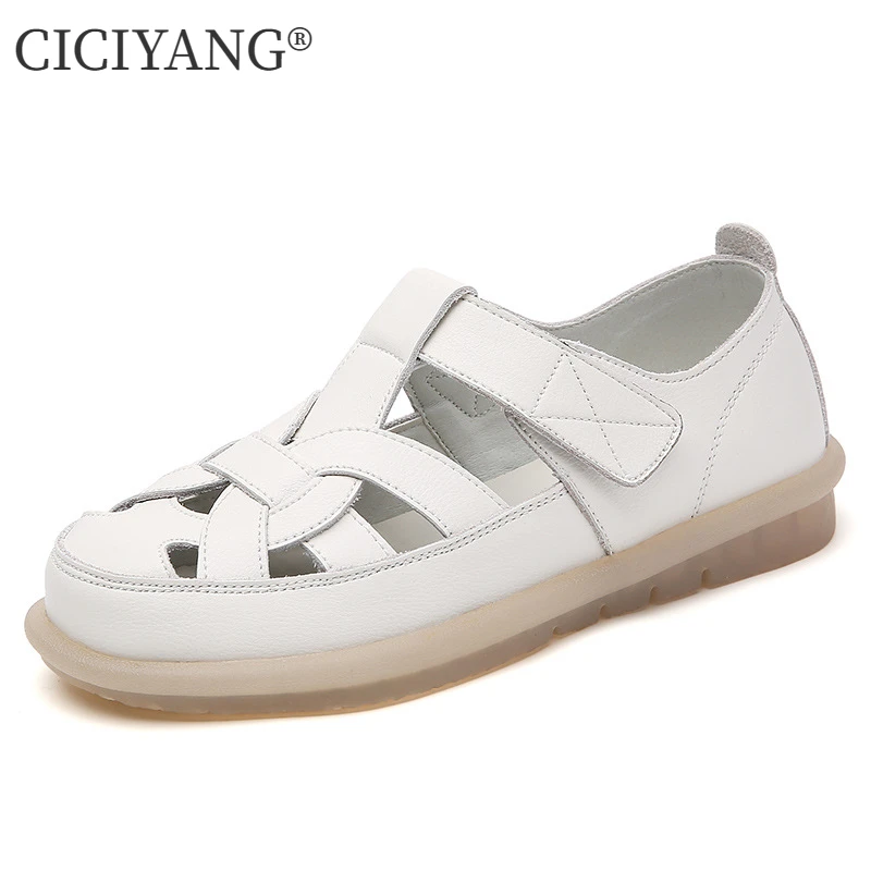 

CICIYANG Roman Sandals Women 2024 Summer New Thick-soled Soft-soled Sandals Flat-bottomed Hole Shoes Genuine Leather Mom Shoes