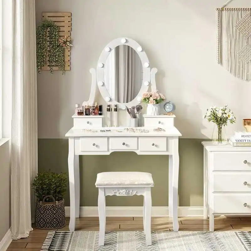 

Small apartment bedroom Internet celebrity modern INS retro American 5 drawers dresser dressing table with light bulb