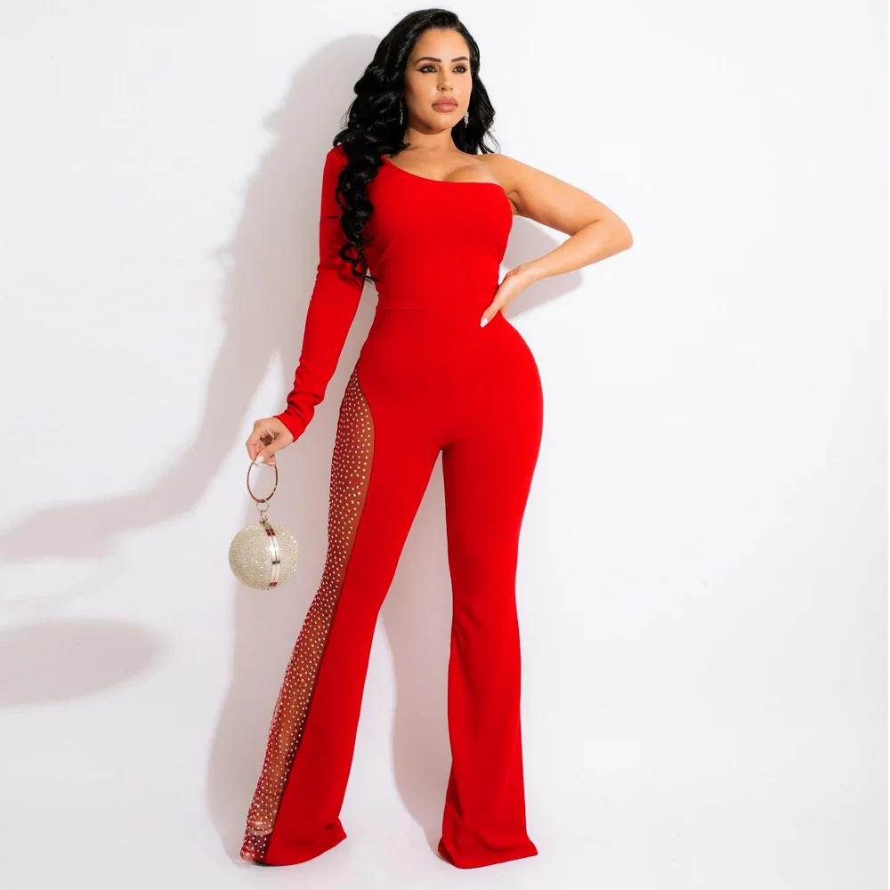 Sexy Party Nightclub Club Sexy Personalized One Shoulder Single Sleeve Hot Rhinestone Jumpsuit