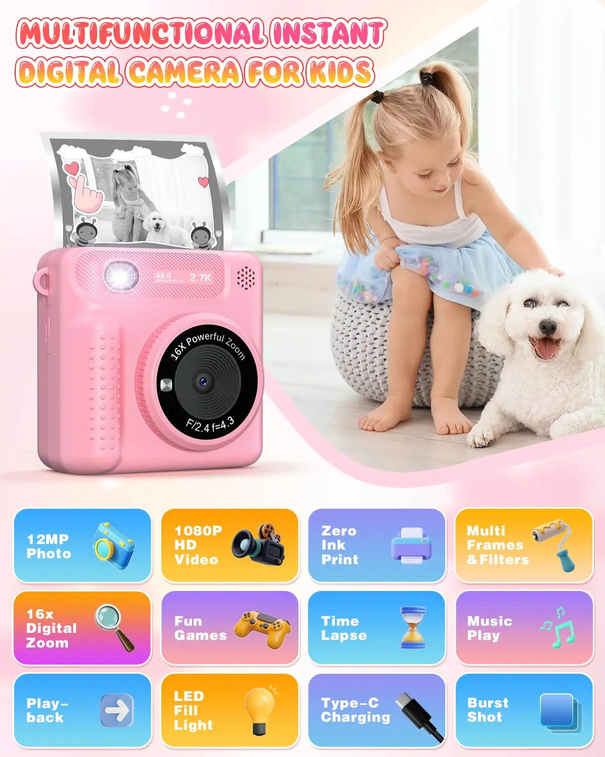 VATOS Instant Print Camera-2.4 inch Digital Camera Rechargeable Portable with Frame Printing Paper Birthday Gift for kids Pink