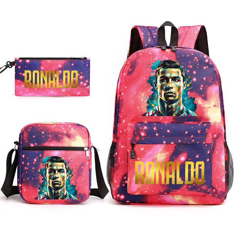 Conjunto de tres piezas de mochila escolar con estampado de Ronaldo para niños, mochila para estudiantes, bolso de viaje al aire libre, bolso de hombro, estuche para lápices