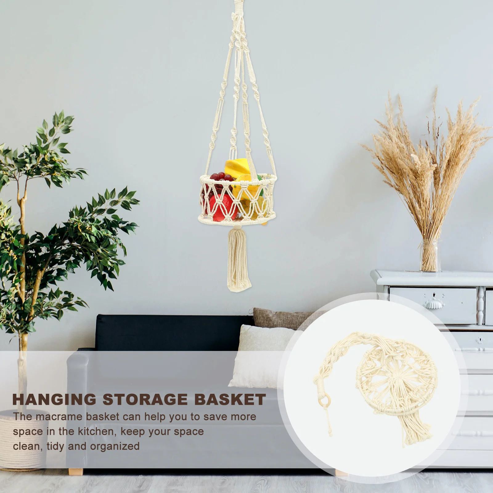 سلة فواكه معلقة من Macrame مصنوعة يدويًا من حبل القطن سلة تخزين المطبخ متعددة الوظائف منظم فواكه الخضروات المعلقة