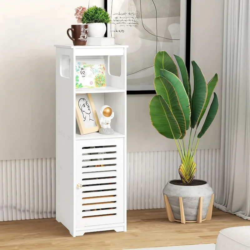Modern White Narrow Storage Cabinet – 4-Tier Freestanding Open & Enclosed Shelf, Utility Rack for Kitchen, Living Room, Office