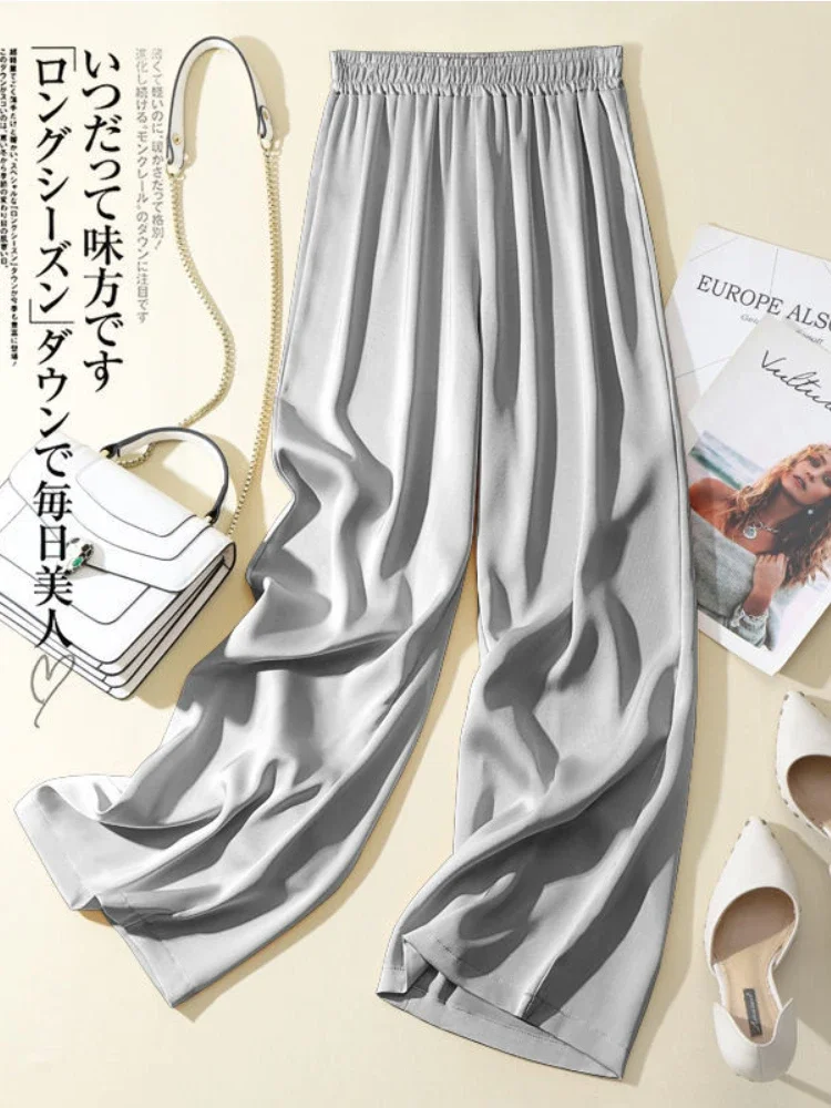 Ice Silk Wide-leg Pants Woman Summer 2024 Elastic Waist Satin Straight Trousers Solid Casual LOOSE  Acetate Women's Pants