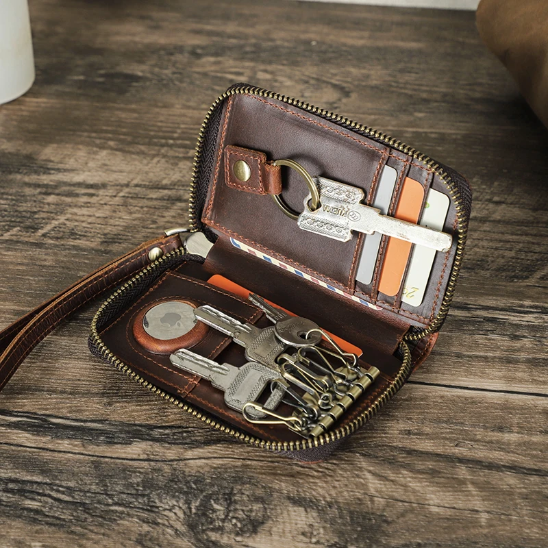 CONTACT'S Key Chain Key Wallets Card Holder Full Grain Leather AirTag Slot Anti-Lost Male Mini Wallets Key Pouch Card Holders
