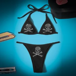 Sexy Gothic Bikini 2025 Rhinestone Skull Swimsuit Women Lace Up Bathing Suit Low Waist Bikinis Sets Beach Swimwear