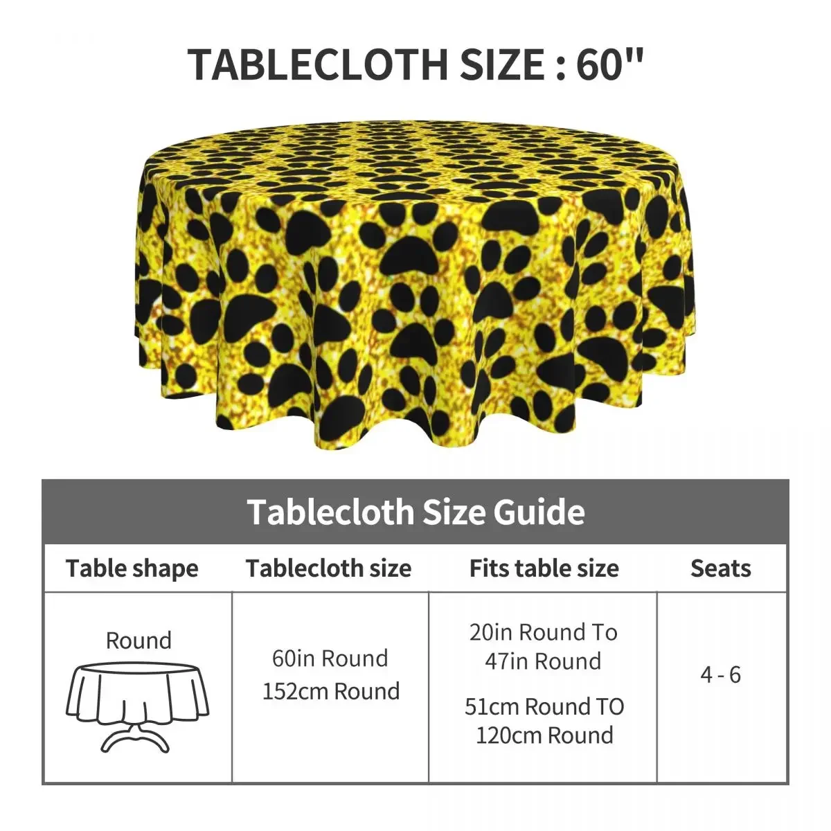 Dog Paws Round Tablecloth Gold Glitter Print Printed Table Cover For Living Room Dining Funny Polyester Table Cover