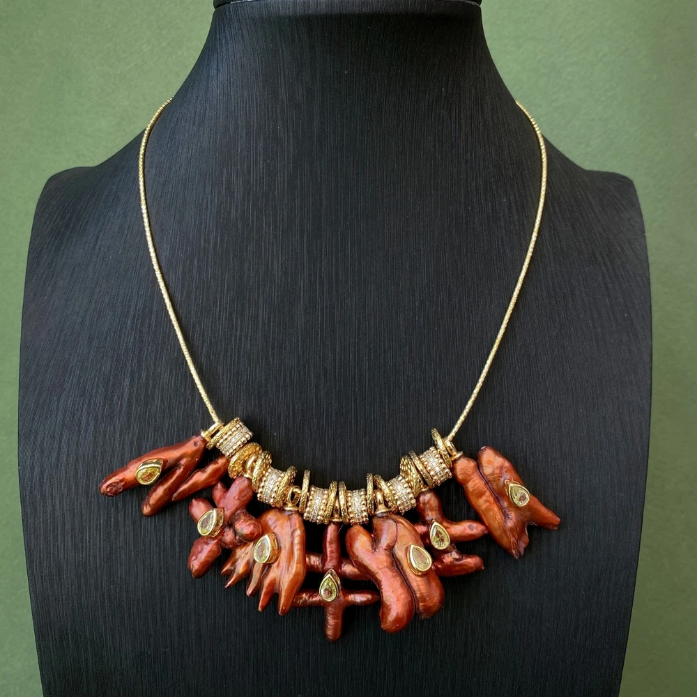 

YYGEM Cz pave gold plated rondelle beads Freshwater Brown Fancy Pearl Cz Pave Choker Pendant Necklace