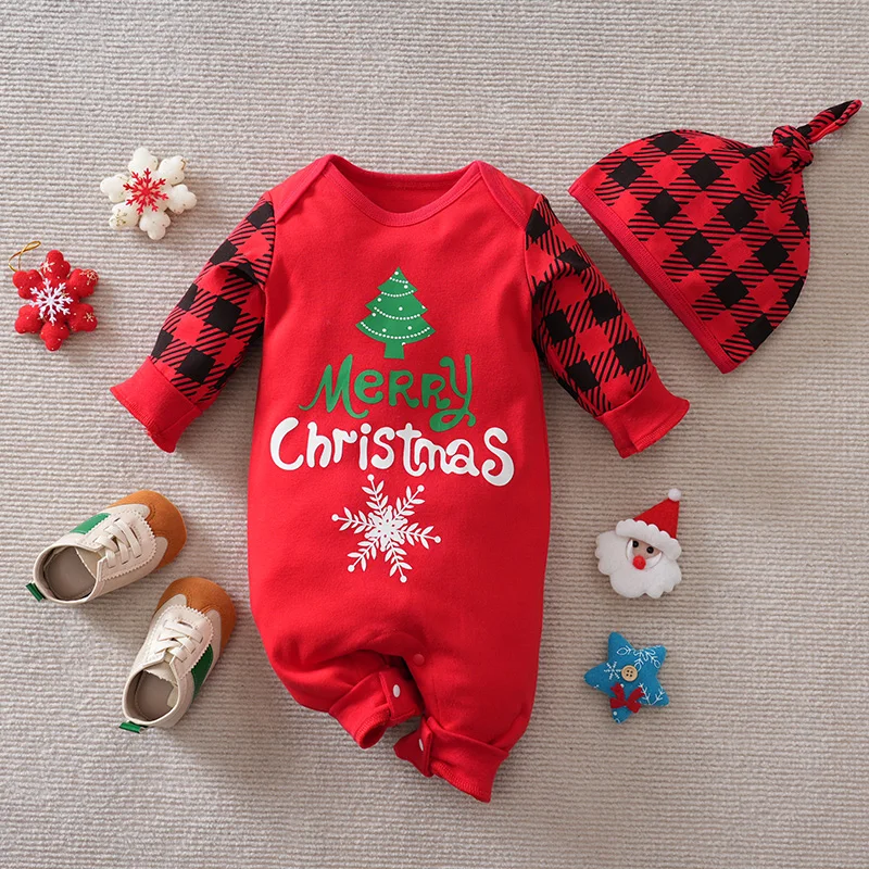 

Christmas 100% Cotton Romper Baby Red and black checkered pattern Gift a Hat Festival Print Clothes Autumn Button Knitted Soft