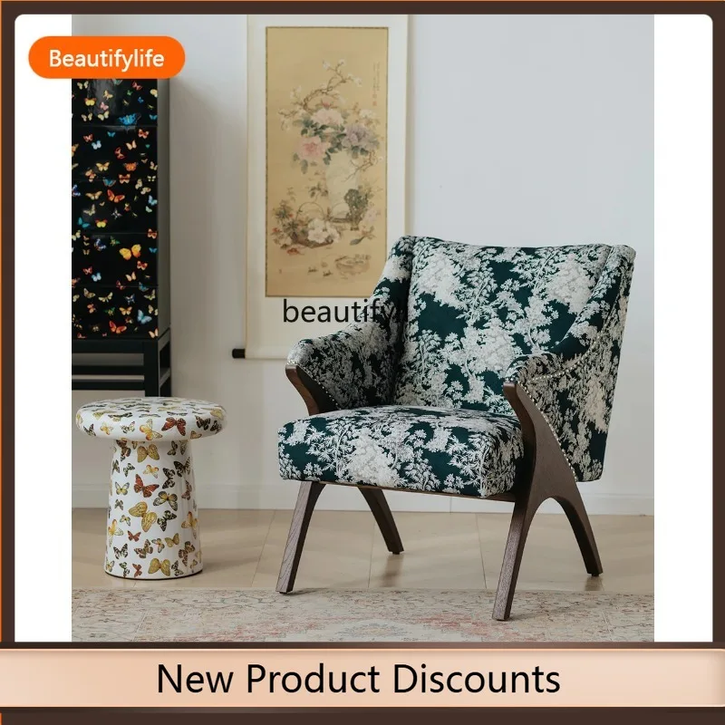 

F109 Vintage French Style Leisure Chair Fabric Single Lazy Sofa Living Room Balcony Recliner Sofa Chair