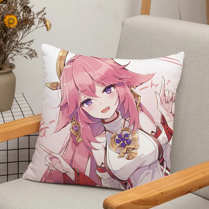 Genshin  Anime Cushion Cover Yae Miko Gifts Throw Stuffing Pillow 45X45Cm Polyester