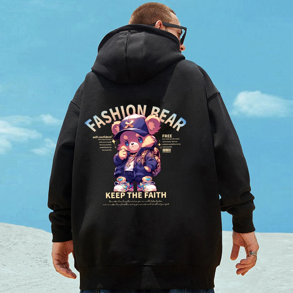 KEEP THE FAITH Fashion Bear Printed Men Hooded Loose Fleece Warm Tracksuit Sports Street Fashion Hoody Casual All Match Hoodies