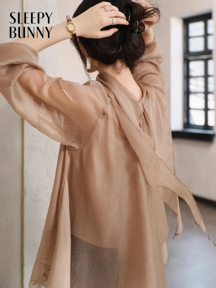 

Women French Collar Shirt Long Sleeve Irregular Cut Panel Streamer Tie Blouse Lady Spring Elegant Loose Fit Casual Commute Top