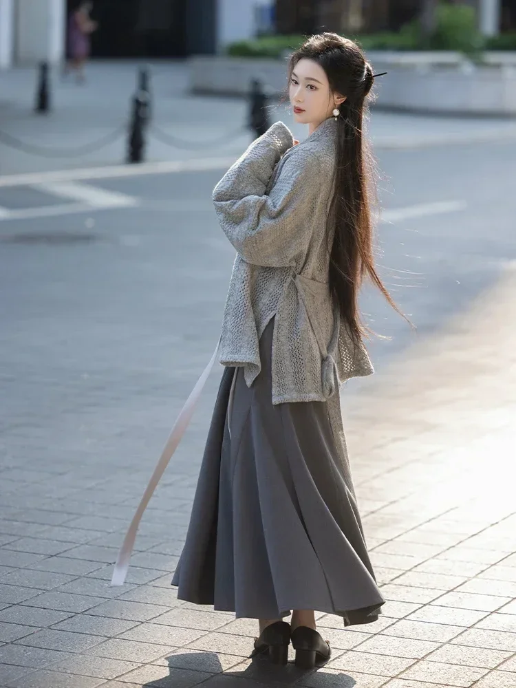 Autumn Winter Flying Sleeves Coat for Women Daily Wear with Sweater and Torn Skirt Chinese Style Original Design Modern Hanfu