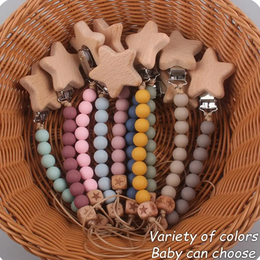 

Nipple Holder Leash Useful Food Grade Wooden Star Silicone Beads Molar Chain Pacifier Clips Chains Baby Pacifier Chain Lanyard