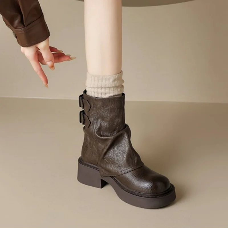 Botines de Mujer para Otoño e Invierno, Estilo Retro, Arrugados, con Tacón Grueso, Estilo Meiladé, Modernos, Versátiles, para el Día a Día
