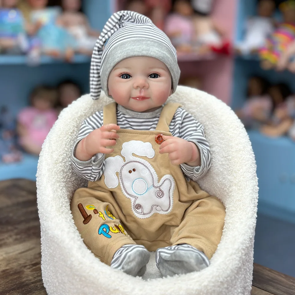 20 Inch Vinyl Reborn Baby Doll, Rare Edition, Cartoon Suspender Outfit & Hat, Colored Eyes, Exquisite Facial Features,