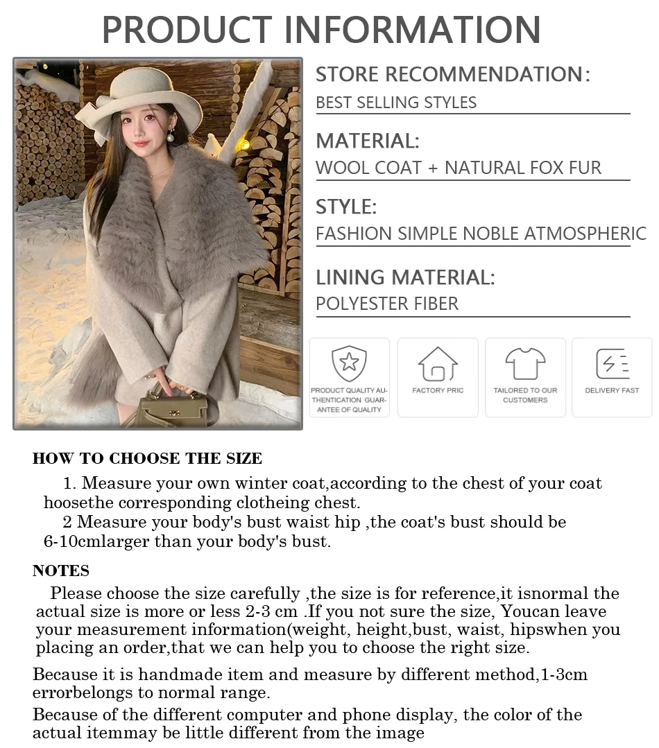 Women's Woolen Coat With Fox Fur Large Collar New Wool Coat Natural Fox Fur Coat Luxury Fashion Real Fur Coat