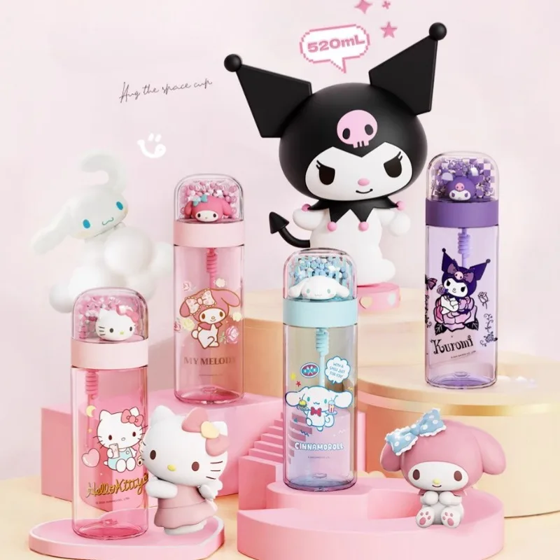 

520ml Sanrio Doll Transparent Cup with Cartoon Hello Kitty and Kuromi Pattern Portable Children's Water Bottle Cup for Girl Gift