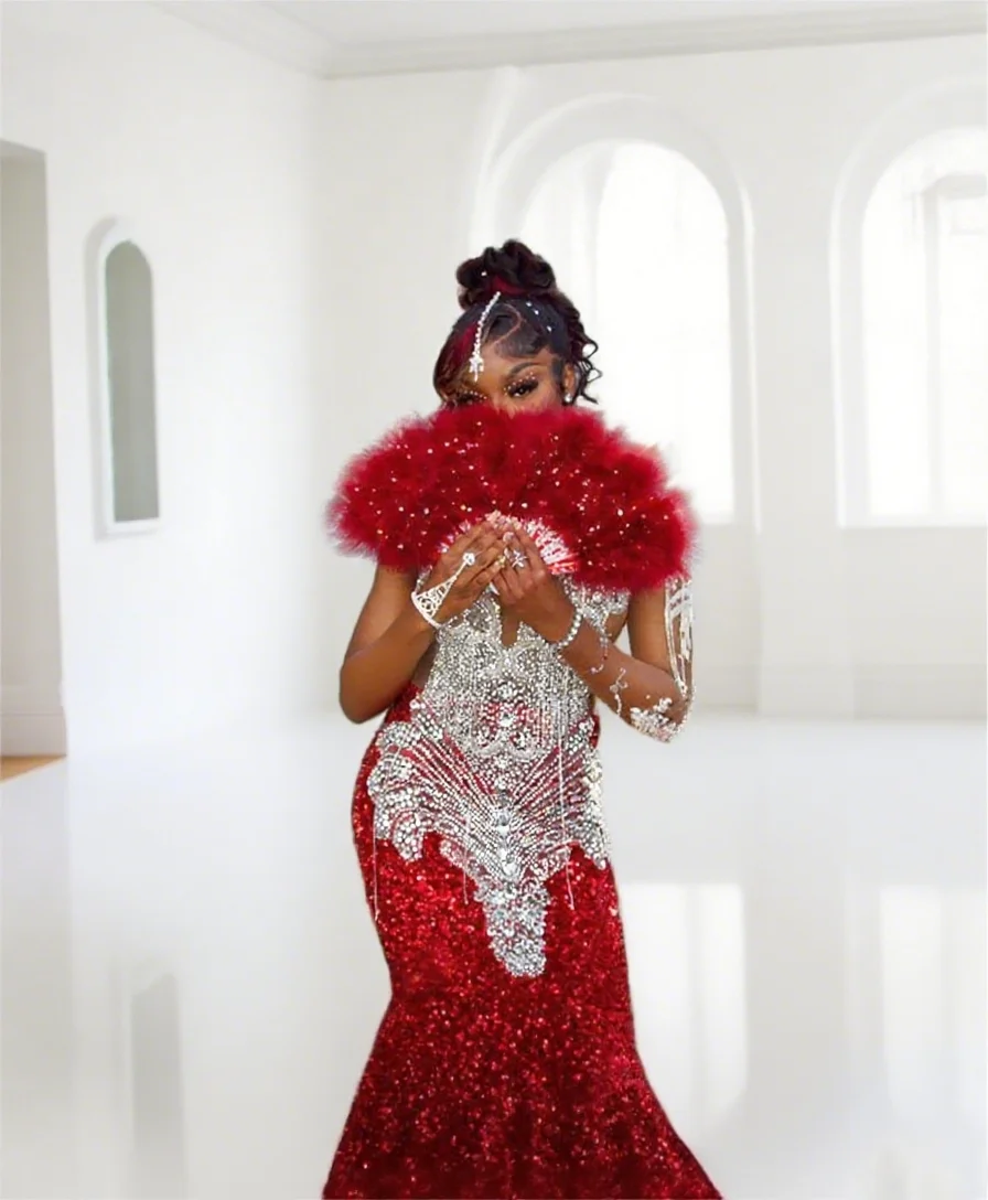 

Mermaid Prom Dresses Hot Red Sequin Sliver Tassel Beading Birthday Prom Gowns Black Girl Cocktail Customized