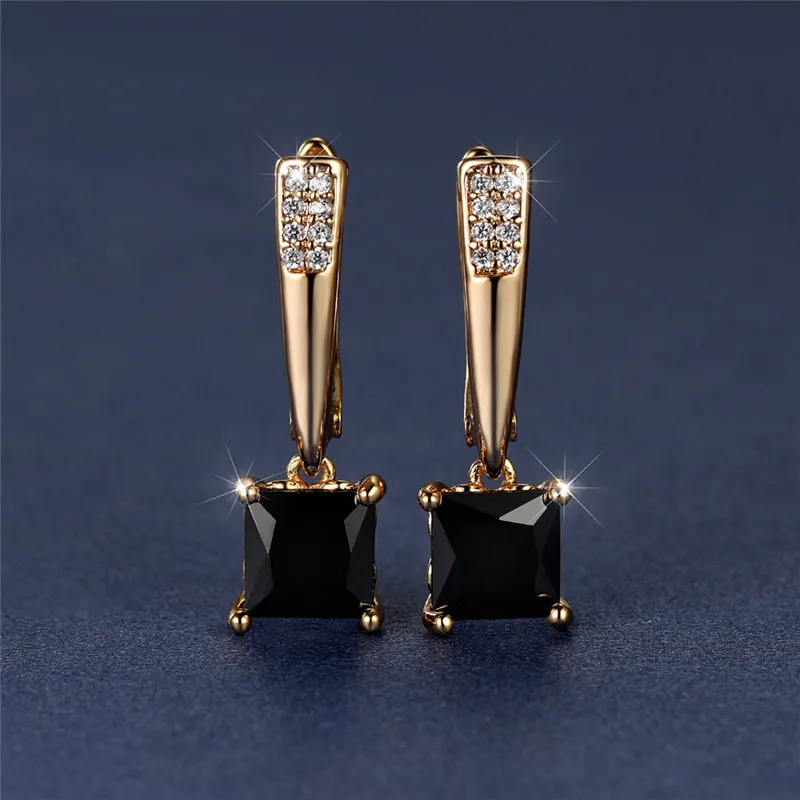 Trendy Female Geometric Crystal Earrings Antique Black Zircon Square Stone Earrings Champagne Gold Color Party Jewelry For Women