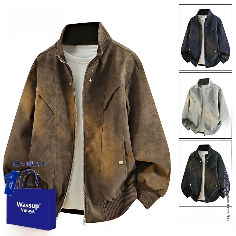 

WASSUP NURAYA American Retro Stand Collar Leather Jaet Men's Spring Autumn Loose Casual Universal Motorcycle Jaet Trendy