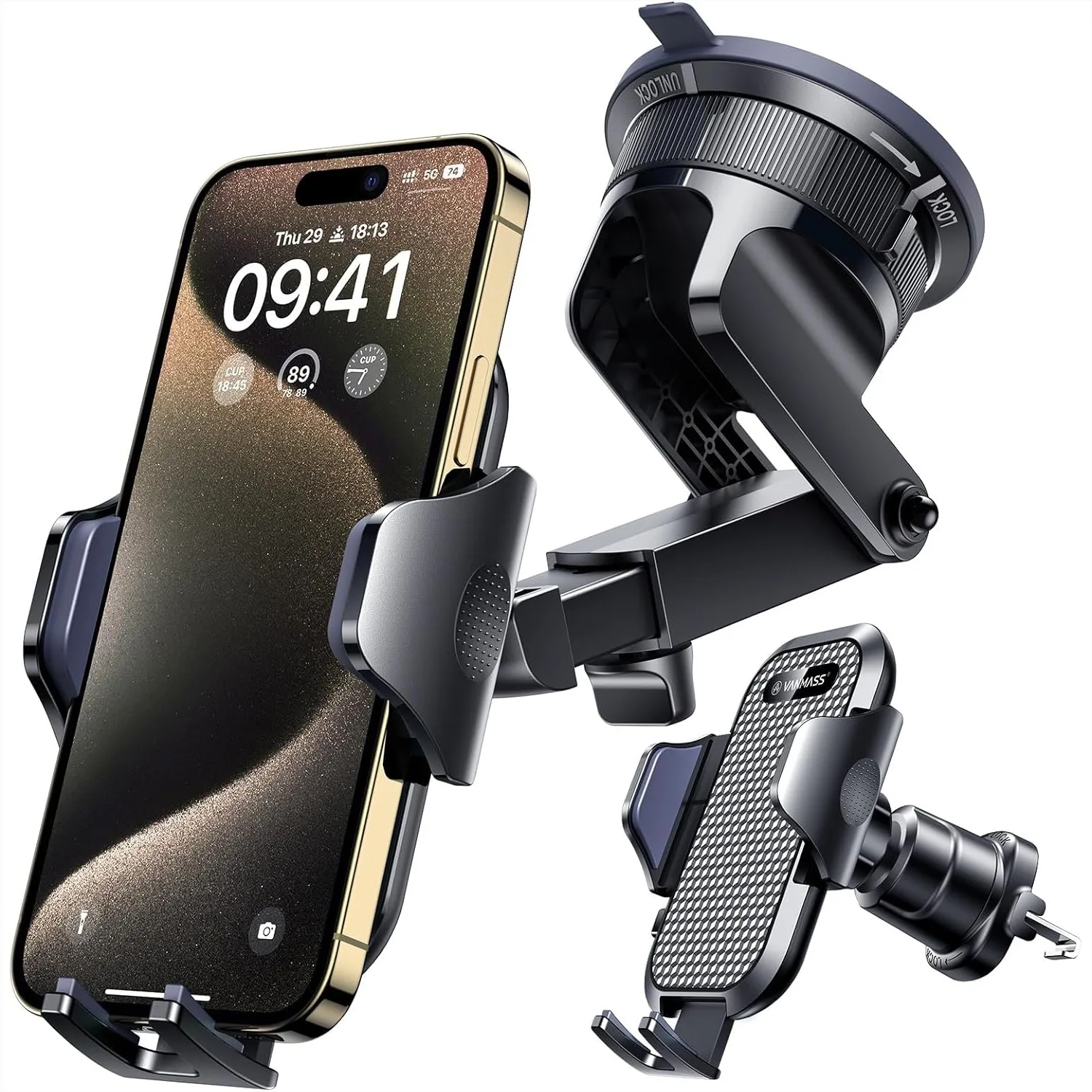 

Car Phone Holder with Strong Suction Cup and Hook Clip for Dashboard Windshield Vent, Truck Cradle Stand for iPhone 17 Pro Max