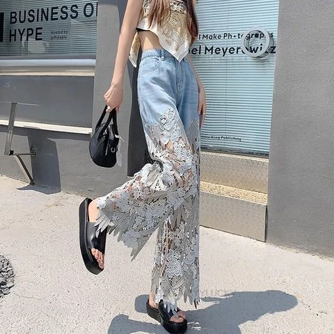 New Versatile lace-up Denim Culottes For Women Loose straight-leg Pants Fashion Daily Oriental Floral Lace Embroidery Jeans