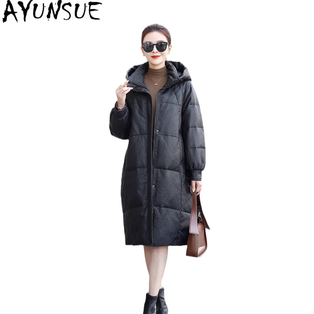 AYUNSUE Echte Schaffell Echtes Leder Jacke Frauen Winter Kleidung 90 % Weiße Ente Unten Damen Mantel 2025 Hoodie Neu in Outer