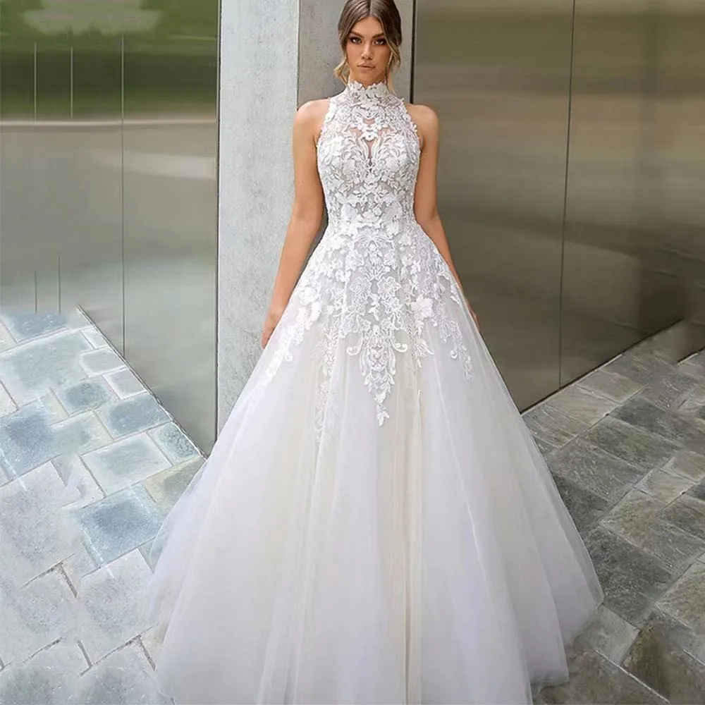 

High Neck Vestidos De Novia Appliques Vestido De Noiva Sleeveless Wedding Dress Customized 2025 Lace Robe De Mariée