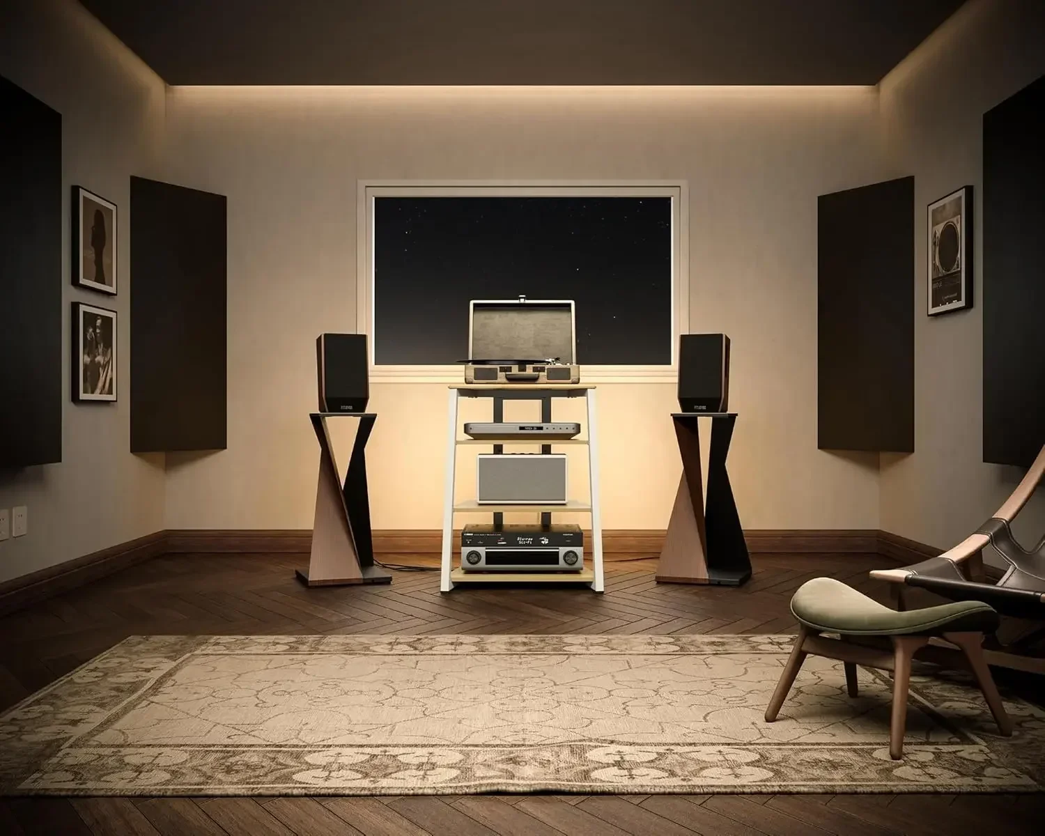 Design Stereo Cabinet 4-Tier Media Cabinet with LED Backlight Integrated Power Wooden Media Stand with Adjustable Shelves for Tu