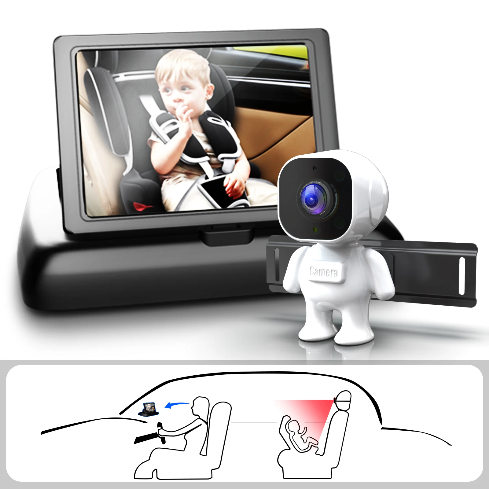 

Foldable Baby Car Monitor 4.3" Night Vision Rear Facing Back Seat Camera, Car Baby Safety Monitor System for Infant Observation