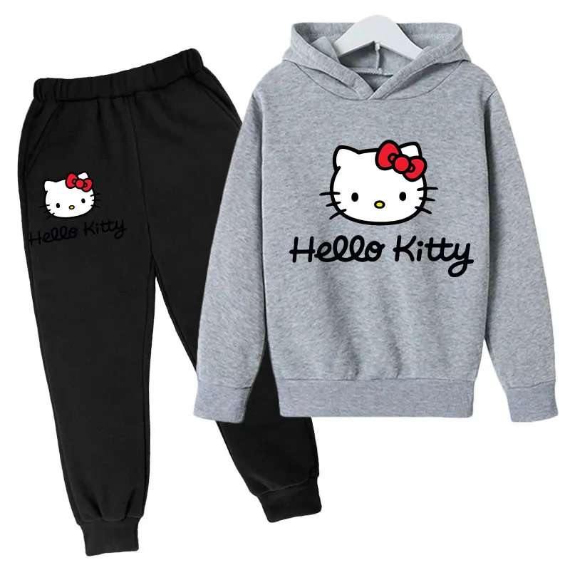 Children Hello Kitty Hoodie +Pants Sets Anime Katie Cat Clothing Boy Girls' Leisure black Coat 3-12 Age Toddler Sweatshirt